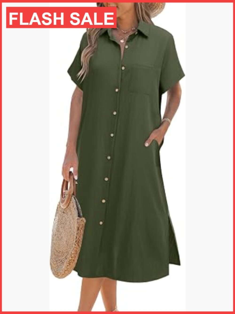 Women's Short Sleeve Button Down Shirt Dress with Pockets Casual Summer Midi